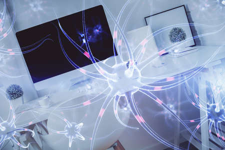 Double exposure of neuron drawing and office interior background. Concept of education.