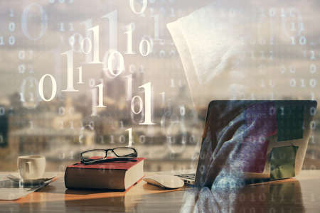 Multi exposure of data theme drawings and desk with open notebook background. Concept of educationの写真素材