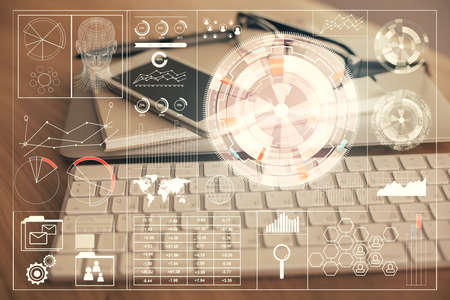 Double exposure of data theme drawing and mobile phone background. Concept of innovation