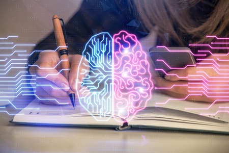 Multi exposure of woman hands working on computer and human brain hologram drawing. Ai tech concept.