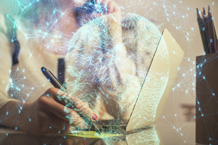 Multi exposure of woman hands working on computer and human brain hologram drawing. Ai tech concept.の写真素材