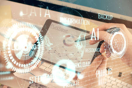Multi exposure of man's hands holding and using a digital device and data theme drawing. Innovation concept.の写真素材