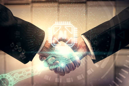 Double exposure of data theme hologram and handshake of two men. Partnership in IT industry concept.