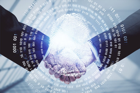 Double exposure of fingerprint hologram and handshake of two men. Security concept.