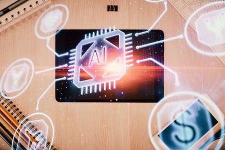 Multi exposure of technology theme drawing over work table desktop. Top view. Global data analysis concept.の写真素材