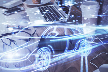 Double exposure of automobile theme sketch over cell phone background. Concept of technology