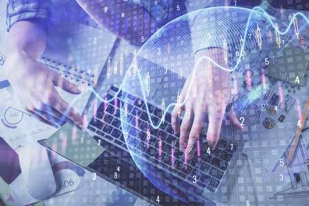 Double exposure of man and woman working together and forex graph hologram drawing. Financial...