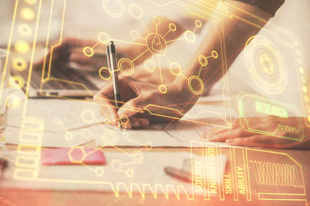 Double exposure of woman hands working on computer and data theme hologram drawing. Tech concept.