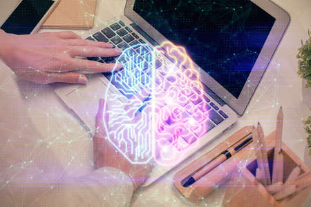 Multi exposure of woman hands working on computer and brain hologram drawing. Ai concept.