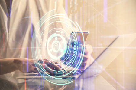 Double exposure of technology sketch hologram and woman holding and using a mobile device. Ai...
