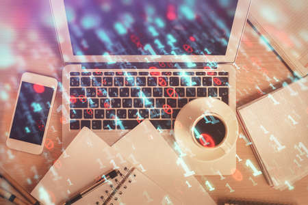 Multi exposure of data theme drawing hologram over topview work desk background with computer....