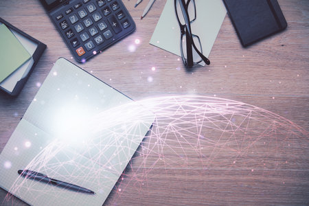 Double exposure of social network theme drawing and work table top veiw. Concept of international connection.の写真素材
