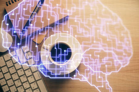 Double exposure of brain sketch and table top veiw. Concept of data analysis.
