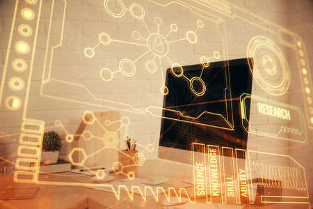 Double exposure of data theme drawing and office interior background. Concept of technology.の写真素材