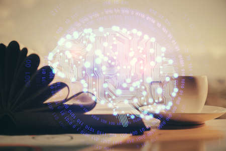Double exposure of brain drawing and desktop with coffee and items on table background. Concept of...