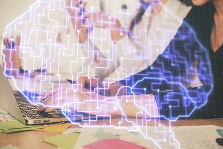 Multi exposure of woman hands working on computer and brain hologram drawing. Ai concept.