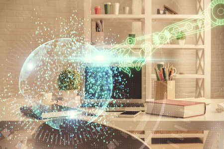 Double exposure of data theme drawing and office interior background. Concept of technology.の写真素材