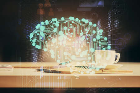 Double exposure of brain drawing and desktop with coffee and items on table background. Concept of...