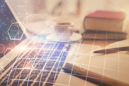 Double exposure of map drawing and desktop with coffee and items on table background. Concept of...