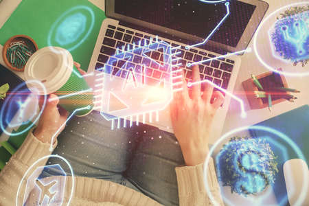 Double exposure of woman hands working on computer and data theme hologram drawing. Top View....