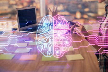 Multi exposure of woman hands working on computer and human brain hologram drawing. Ai tech concept.の写真素材