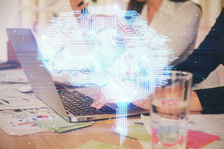 Multi exposure of woman hands working on computer and brain hologram drawing. Ai concept.
