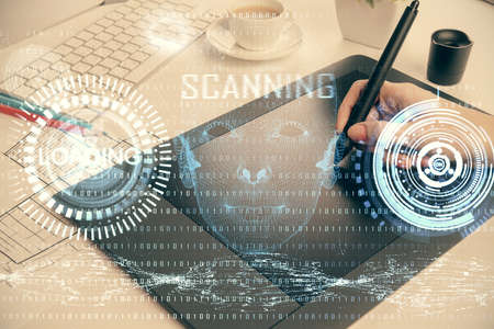 Double exposure of technology sketch hologram and woman holding and using a mobile device. Ai...