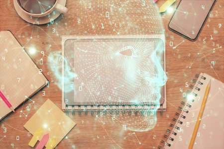 Multi exposure of brain drawing over work table desktop. Top view. Global data analysis concept.