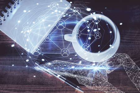 Double exposure of social network theme drawing and work table top veiw. Concept of international...