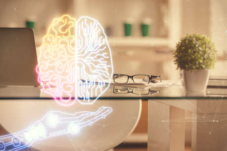 Double exposure of brain drawing and office interior background. Concept of data technology.の写真素材
