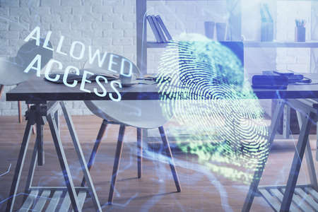 Double exposure of finger print and office interior background. Concept of security.