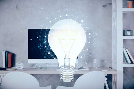 Double exposure of bulb and office interior background. Concept of idea.