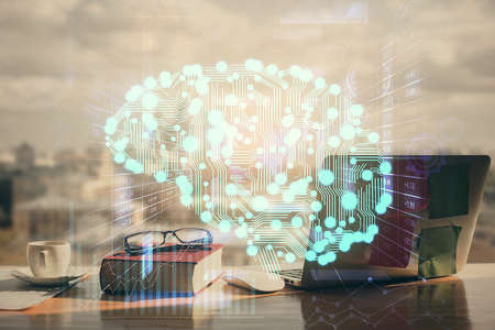 Multi exposure of brain drawings and desk with open notebook background. Concept of AIの写真素材