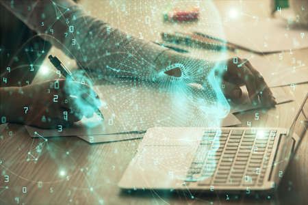 Multi exposure of woman hands working on computer and human brain hologram drawing. Ai tech concept.