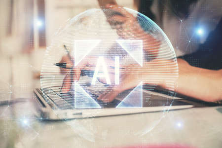 Multi exposure of woman hands working on computer and data theme hologram drawing. Tech concept.