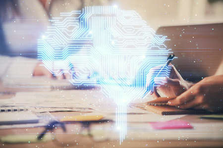 Multi exposure of woman hands working on computer and brain hologram drawing. Ai concept.