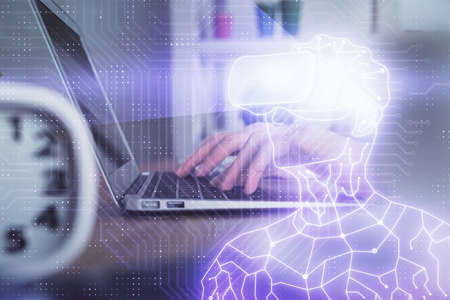 Double exposure of woman hands typing on computer and man in AR glasses drawing. Education concept.