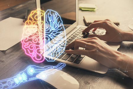 Multi exposure of woman hands working on computer and brain hologram drawing. Ai concept.