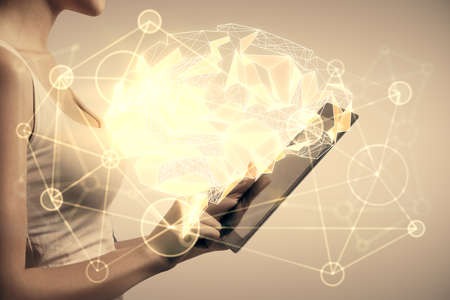 Double exposure of brain sketch hologram and woman holding and using a mobile device.
