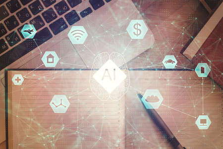 Multi exposure of data theme drawing hologram over topview work desk background with computer....