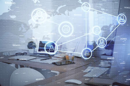 Double exposure of social network theme drawing and office interior background. Concept of web.