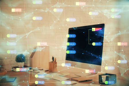 Double exposure of data theme drawing and office interior background. Concept of technology.