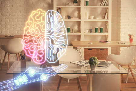 Double exposure of brain drawing and office interior background. Concept of data technology.