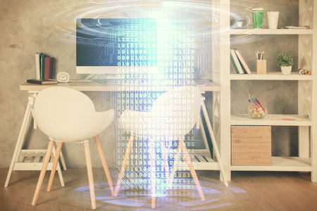 Multi exposure of data theme drawing and office interior background. Concept of technology.の写真素材