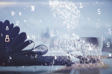 Double exposure of technology theme drawing and desktop with coffee and items on table background....