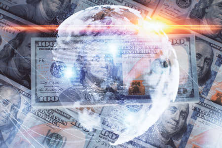 Multi exposure of business theme drawing over us dollars bill background. Concept of financial...
