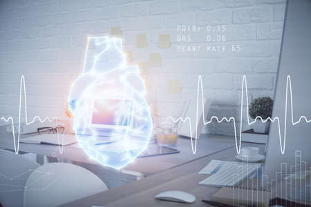 Double exposure of heart drawing and office interior background. Concept of medical education.の写真素材