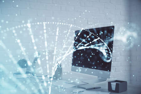 Double exposure of dna drawing and office interior background. Concept of science.の写真素材
