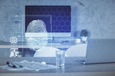 Double exposure of finger print and office interior background. Concept of security.
