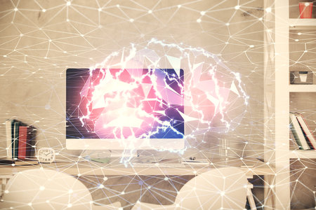 Multi exposure of brain drawing and office interior background. Concept of data technology.